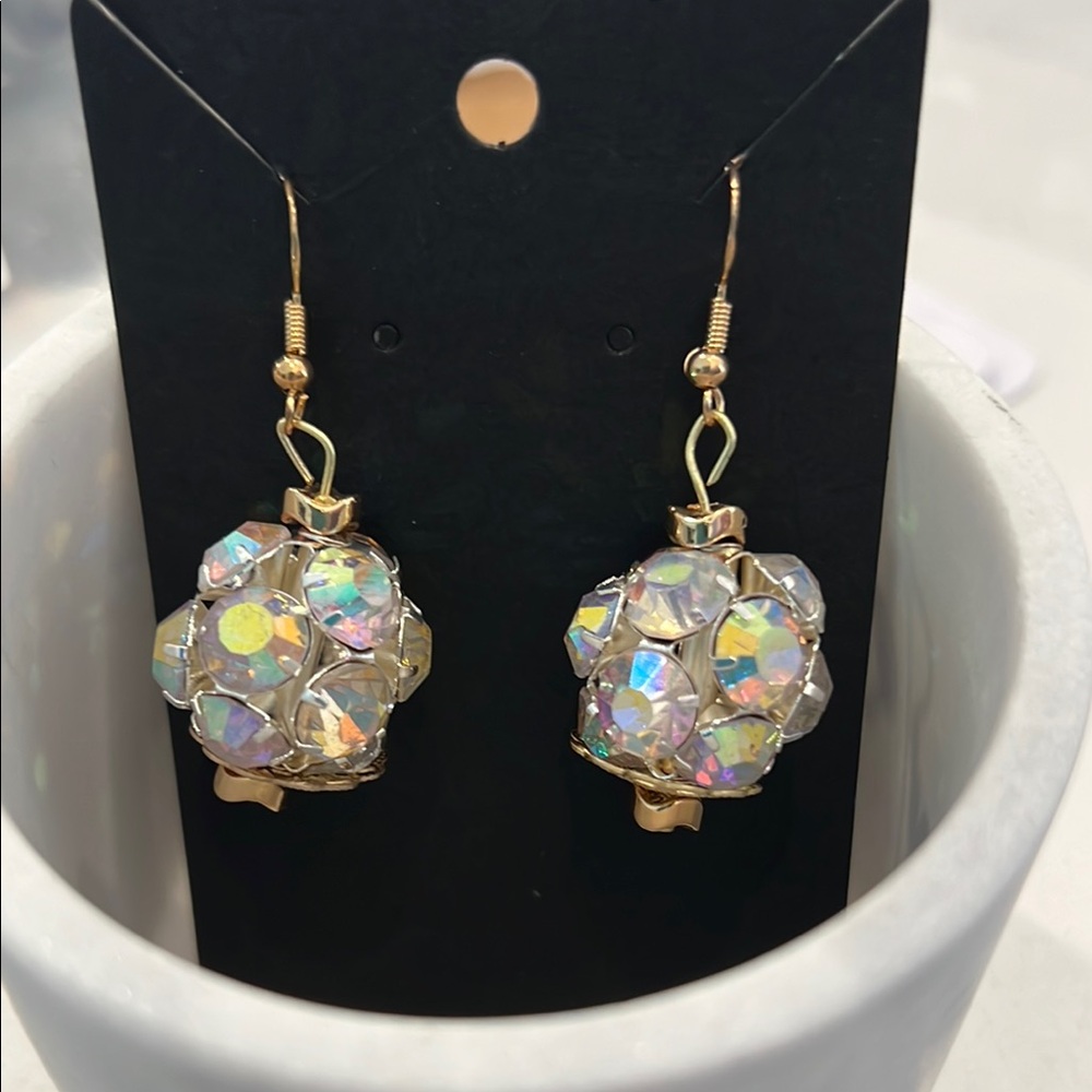 Gold and Silver Disco Ball Earrings with Iridescent Crystals